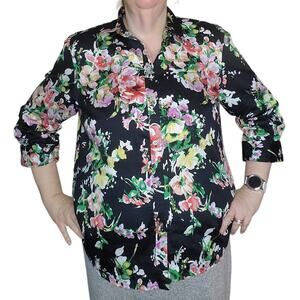 Chaps Size XL/2X (fitted) Dark Floral Button Up Shirt 3/4 Sleeve Silver Buttons